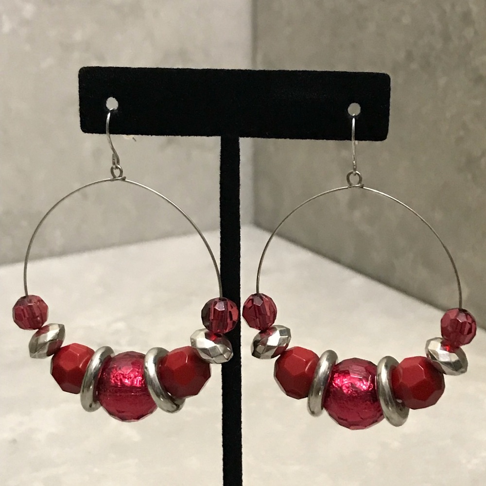 5/$15 Red & Silver Beaded Hoop Dangle Earrings